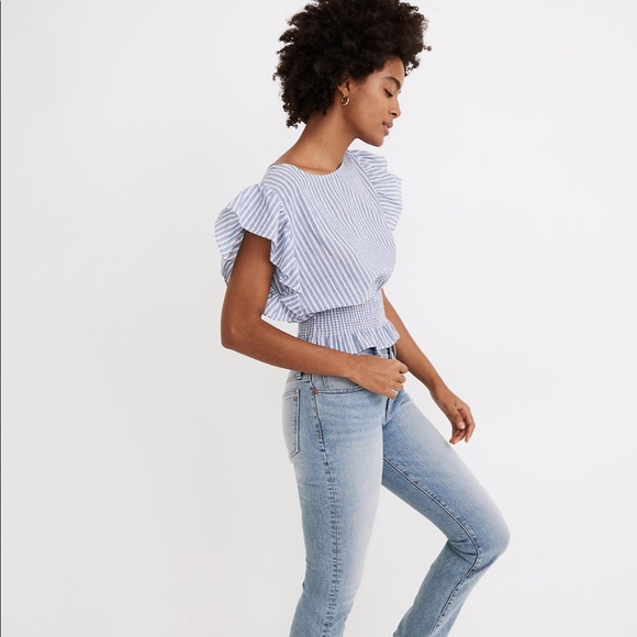Madewell Flutter-Sleeve Smocked Top in Stripe - Picture 2 of 9